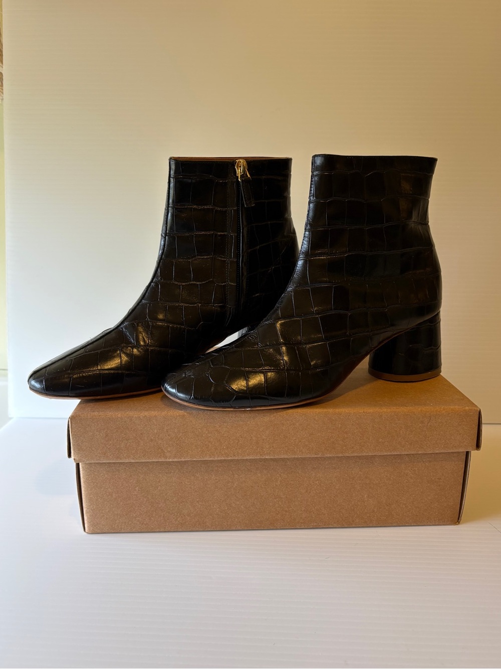 Mansur Gavriel Embossed Black Croc Ankle Boot Size 38.5